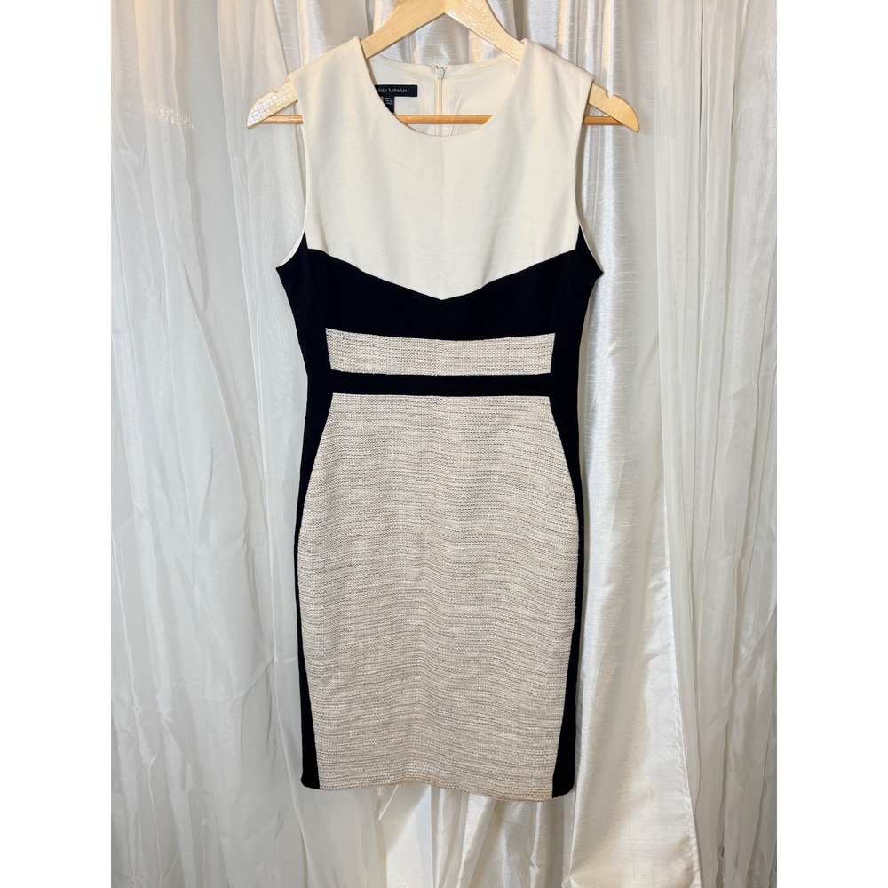 Judith & Charles Sheath Dress Womens 8 Cream Black Colorblock Tweed Sleeveless
